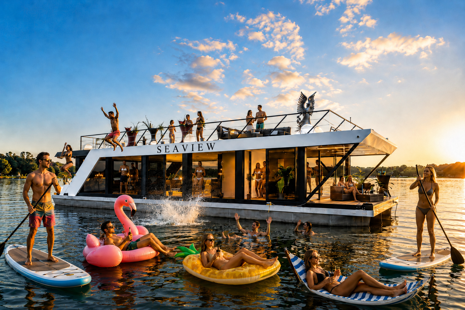 Badeinseln, Stand-up-Paddles & Wasserhängematten auf der SEAVIEW – der ultimative Badespaß auf dem Wannsee